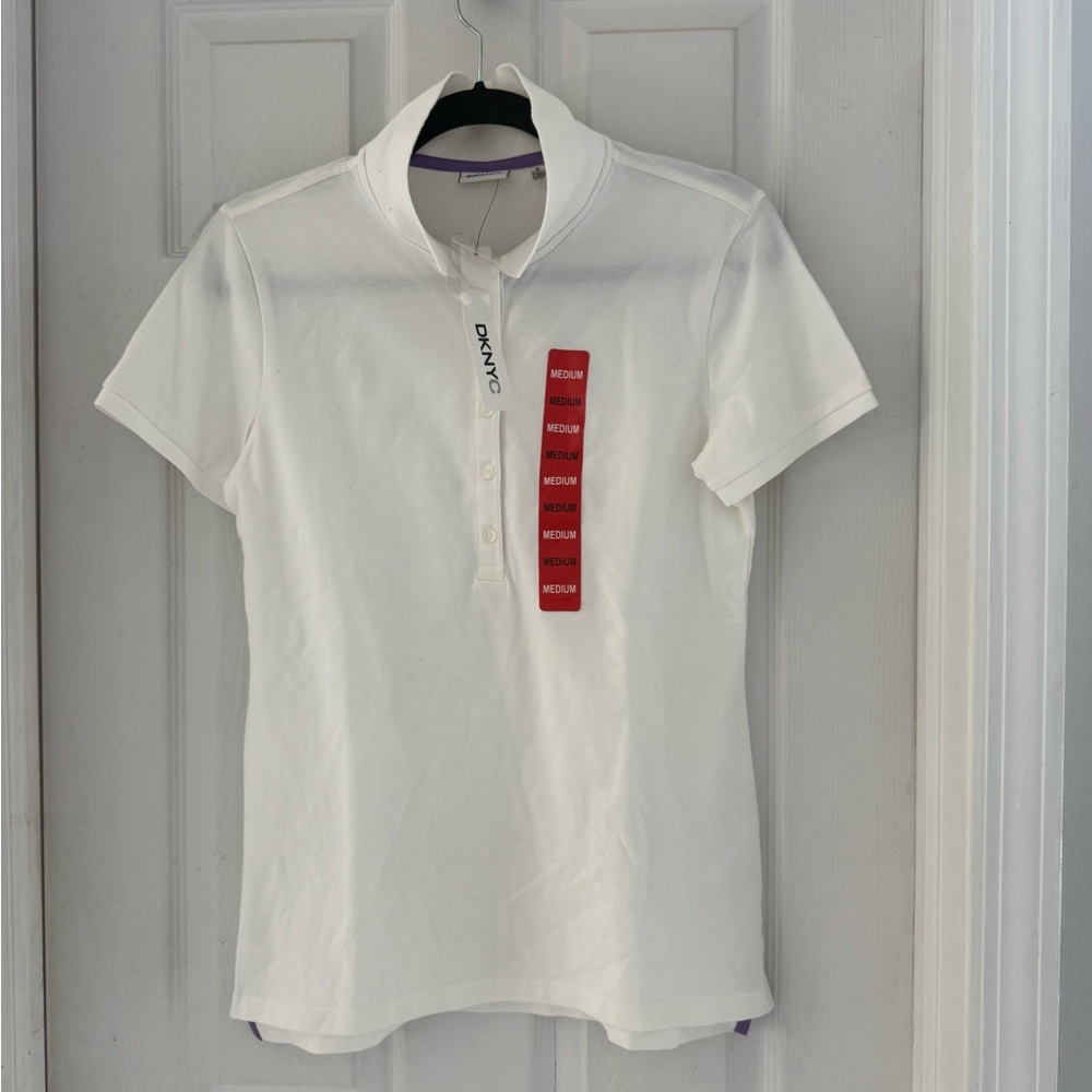 DKNYC White Polo Shirt with Purple Accent